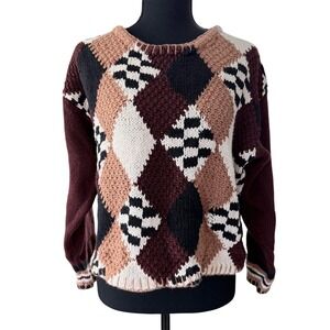 Reference Point Argyle Patchwork Knit Sweater Womens S Brown Grandpacore Vintage